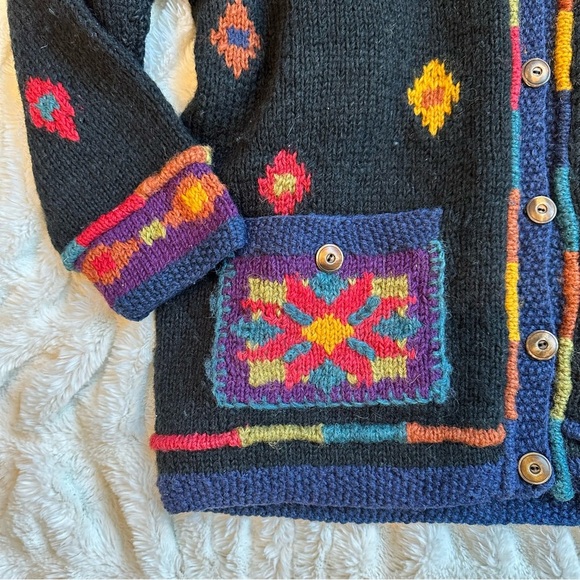 Vintage Newari Colorful Diamond 100% Wool Sweater Jacket Made in Nepal Size L/XL - Picture 2 of 9